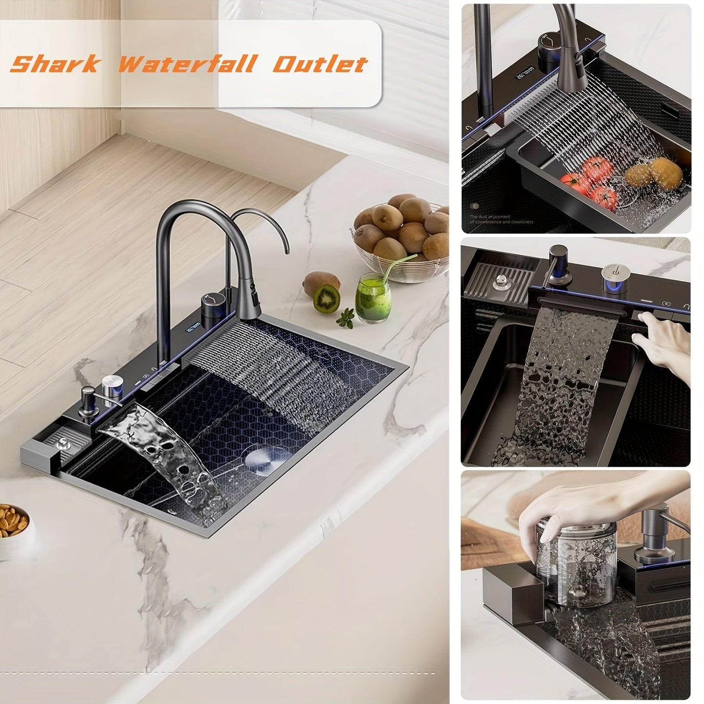 Musurjoy Black Stainless Steel Kitchen Sink with Waterfall Faucet & Accessories - 75x45 cm, Contemporary, Freestanding
