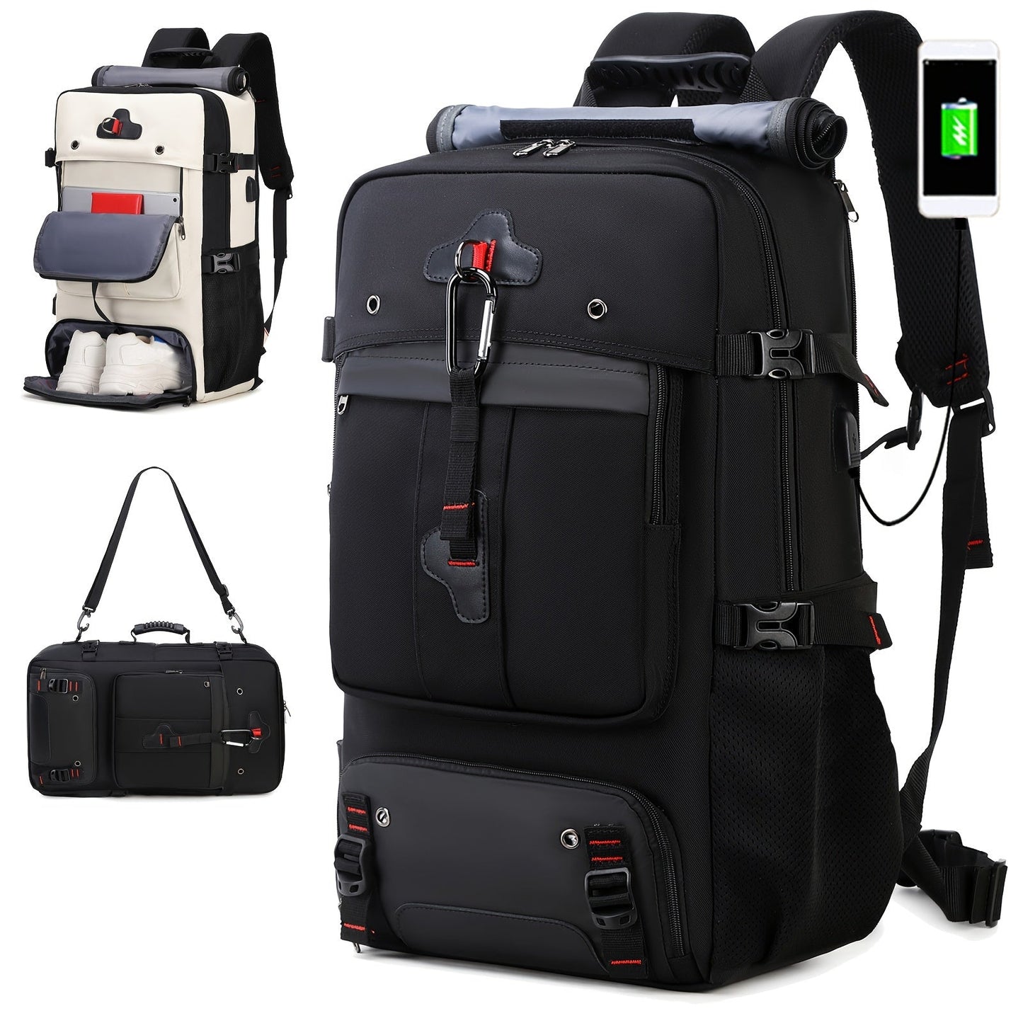 50L Large Capacity Hiking Backpack with Shoe Compartment - Convertible & Unisex