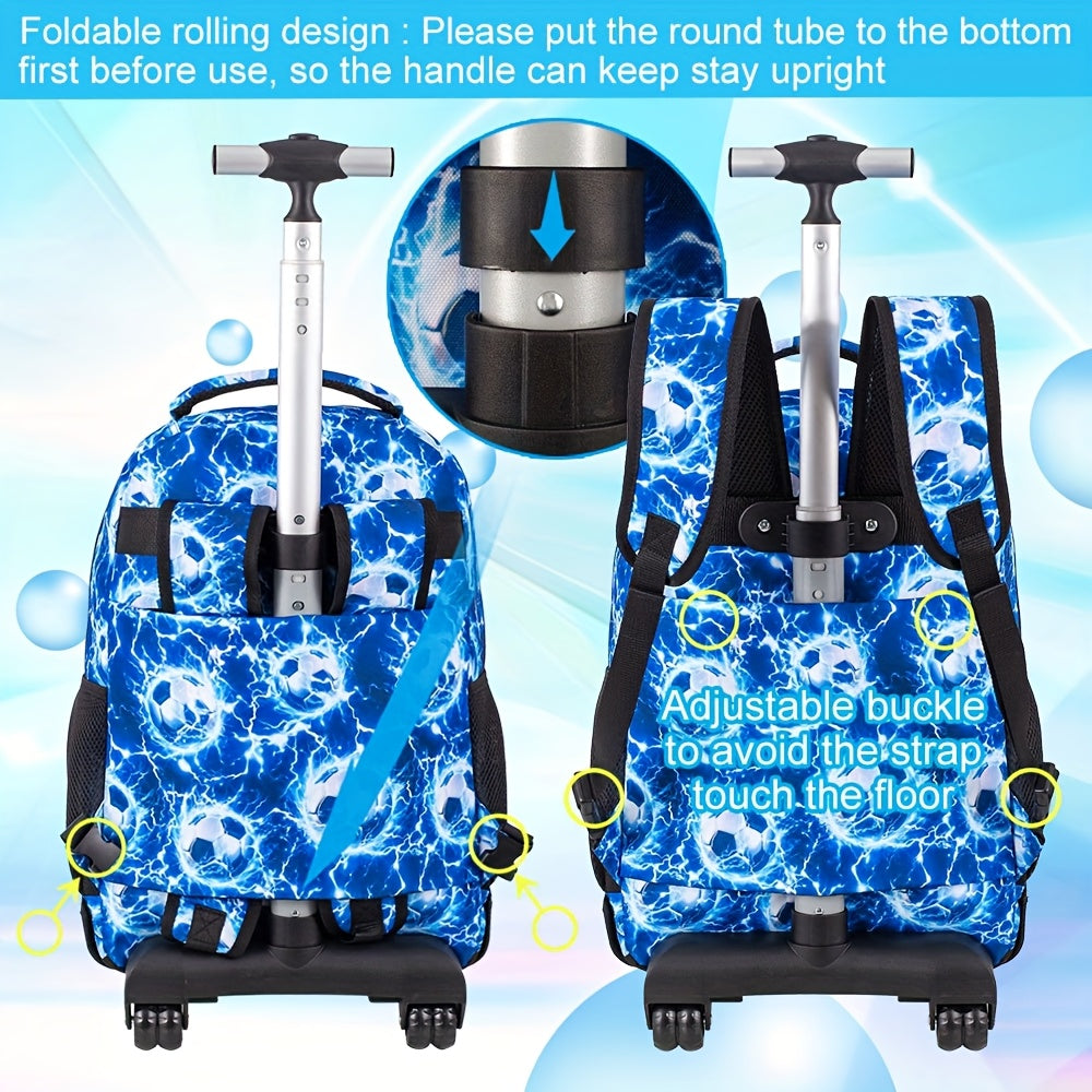 3pcs Boys' Rolling Backpack with Wheels - Cartoon Football Design, Adjustable Straps | Perfect for School & Kindergarten