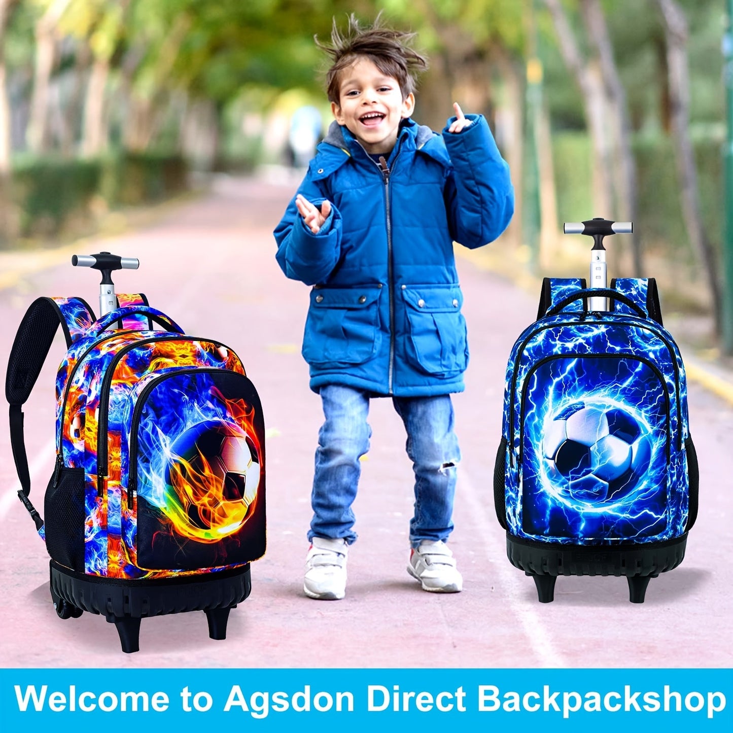 3pcs Boys' Rolling Backpack with Wheels - Cartoon Football Design, Adjustable Straps | Perfect for School & Kindergarten