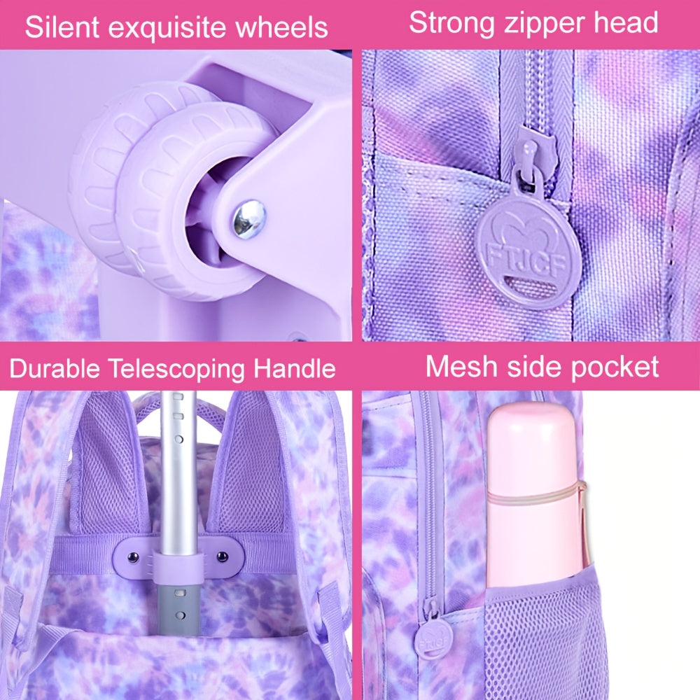 UFNDC Rolling Backpack for Girls & Women - Stylish Purple Tie-Dye Wheeled Bookbag with Lunch Bag
