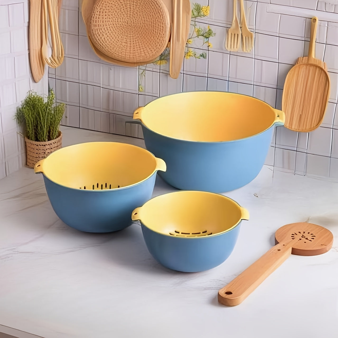 6pcs Double Drain Kitchen Strainer Set - Ideal for Fruits, Vegetables & Thawing