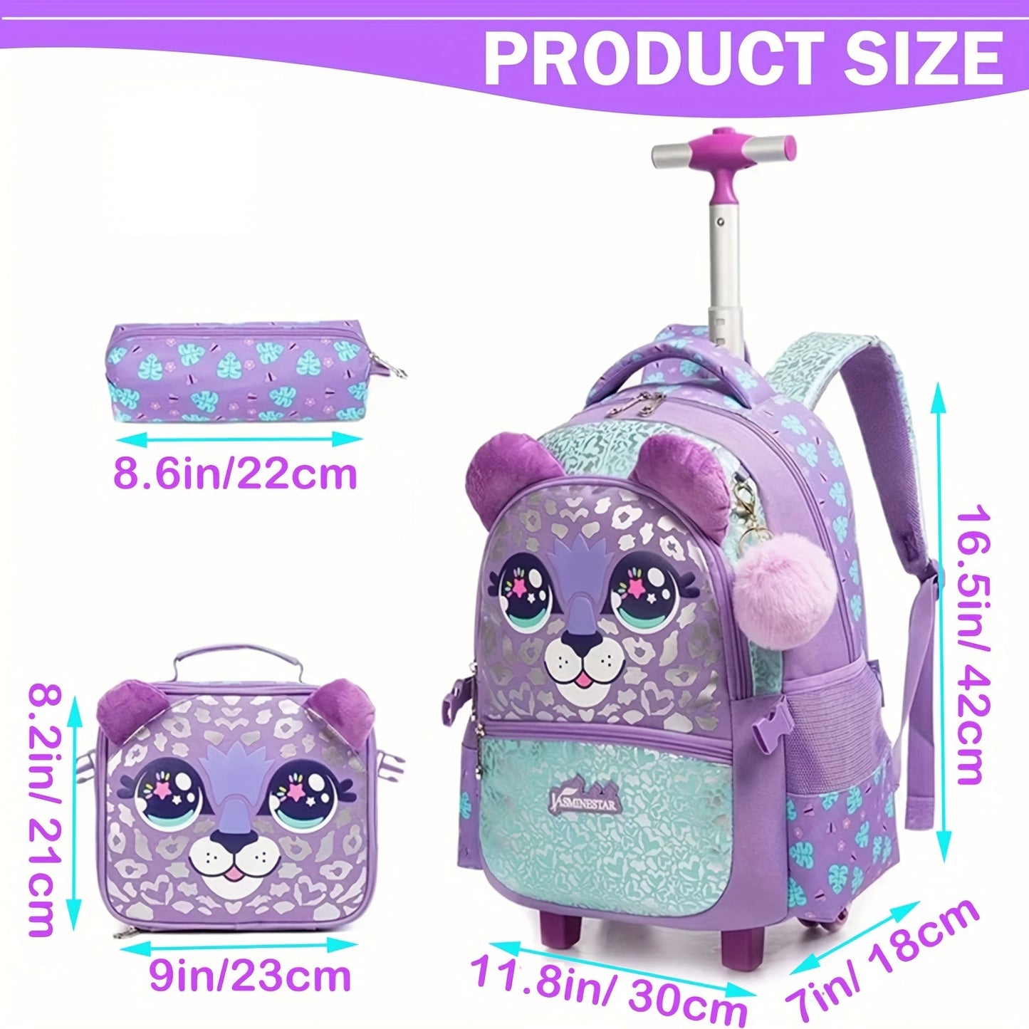 3pcs Rolling Backpack for Girls - School Bag with Wheels & Lunch Bag - Student Luggage & Bookbag Set