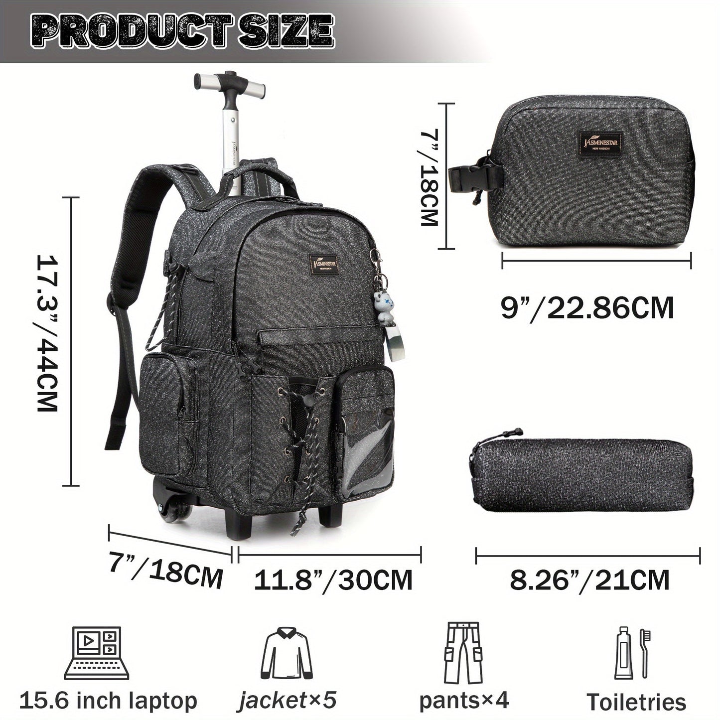 3pcs Boys' Rolling School Backpack with Lunch Box & Pencil Case - Durable 17.3 Inch Trolley Bag, Adjustable Straps, In-Line Wheels, Stylish Travel Essentials