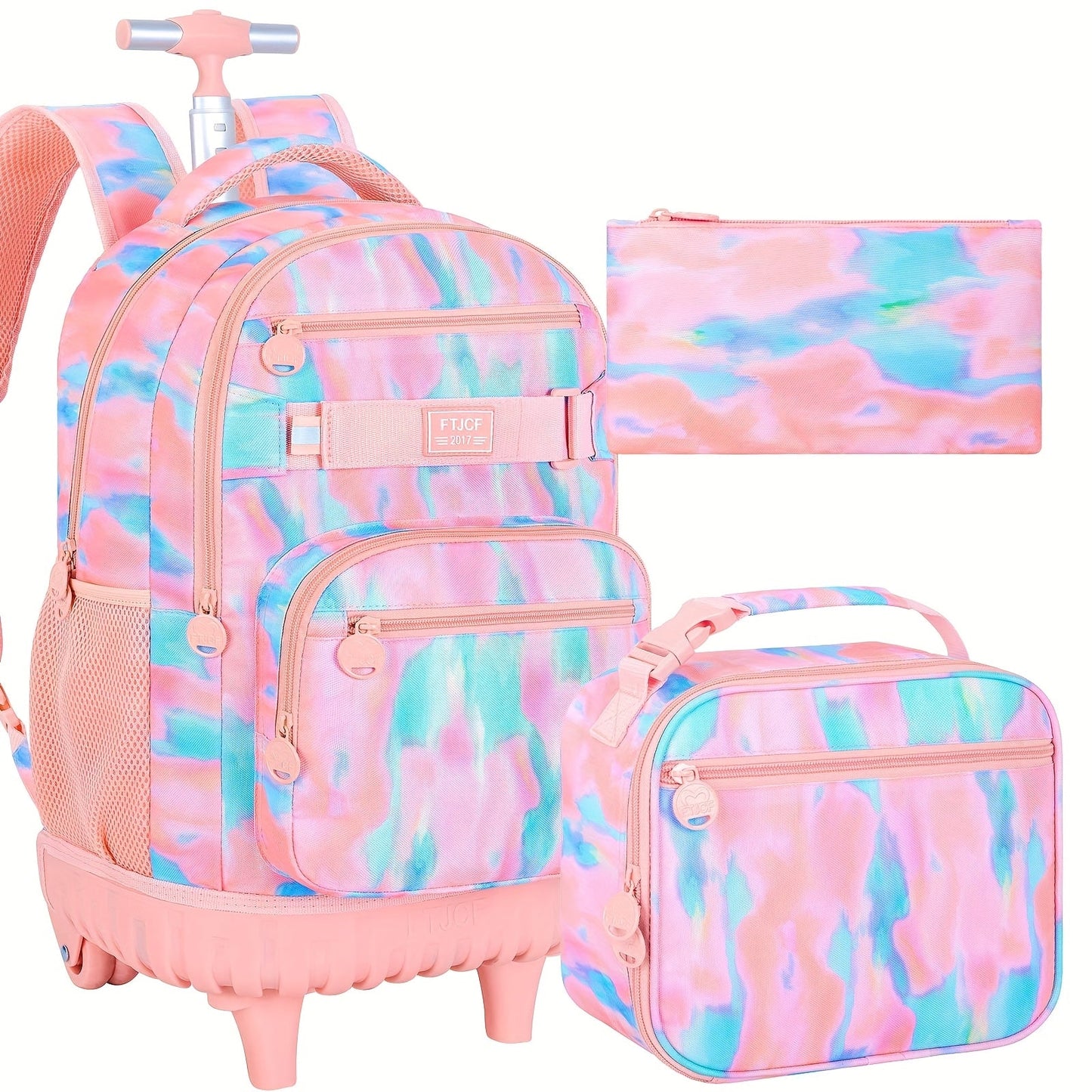 UFNDC Rolling Backpack for Girls & Women - Stylish Purple Tie-Dye Wheeled Bookbag with Lunch Bag