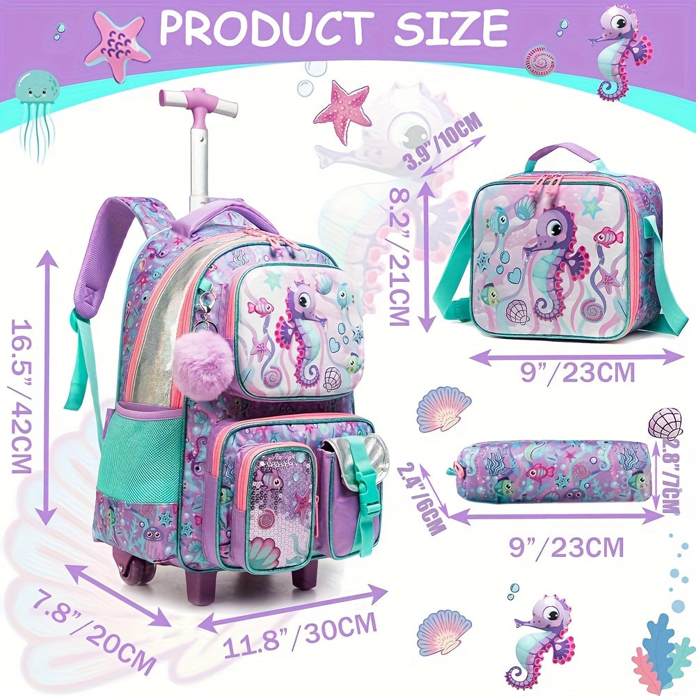 16.5" Kids Rolling Backpack Set - Wheeled Suitcase with Lunch Bag & Pencil Case for Ages 3+