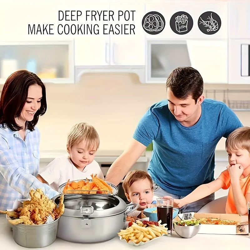 Stainless Steel Deep Fryer with Thermometer, Lid & Oil Drip Rack - Perfect for Home & Outdoor Cooking