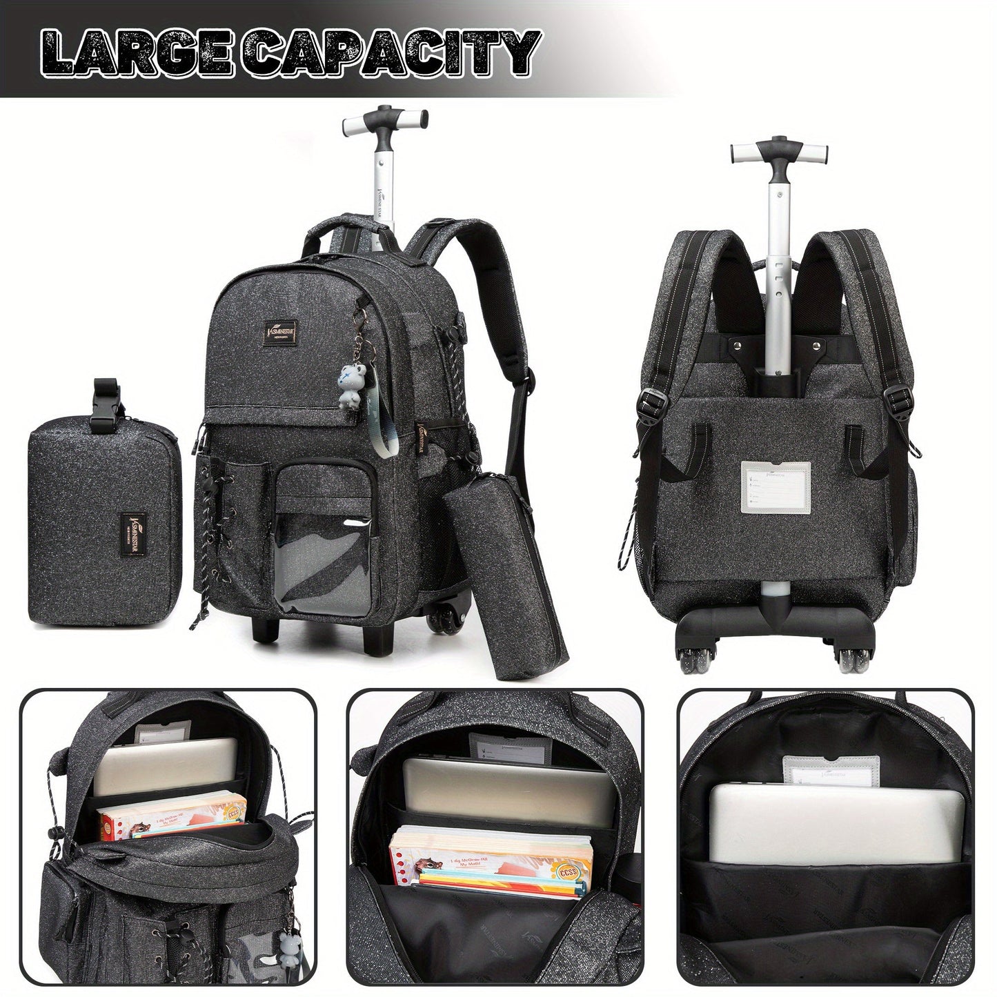 3pcs Boys' Rolling School Backpack with Lunch Box & Pencil Case - Durable 17.3 Inch Trolley Bag, Adjustable Straps, In-Line Wheels, Stylish Travel Essentials
