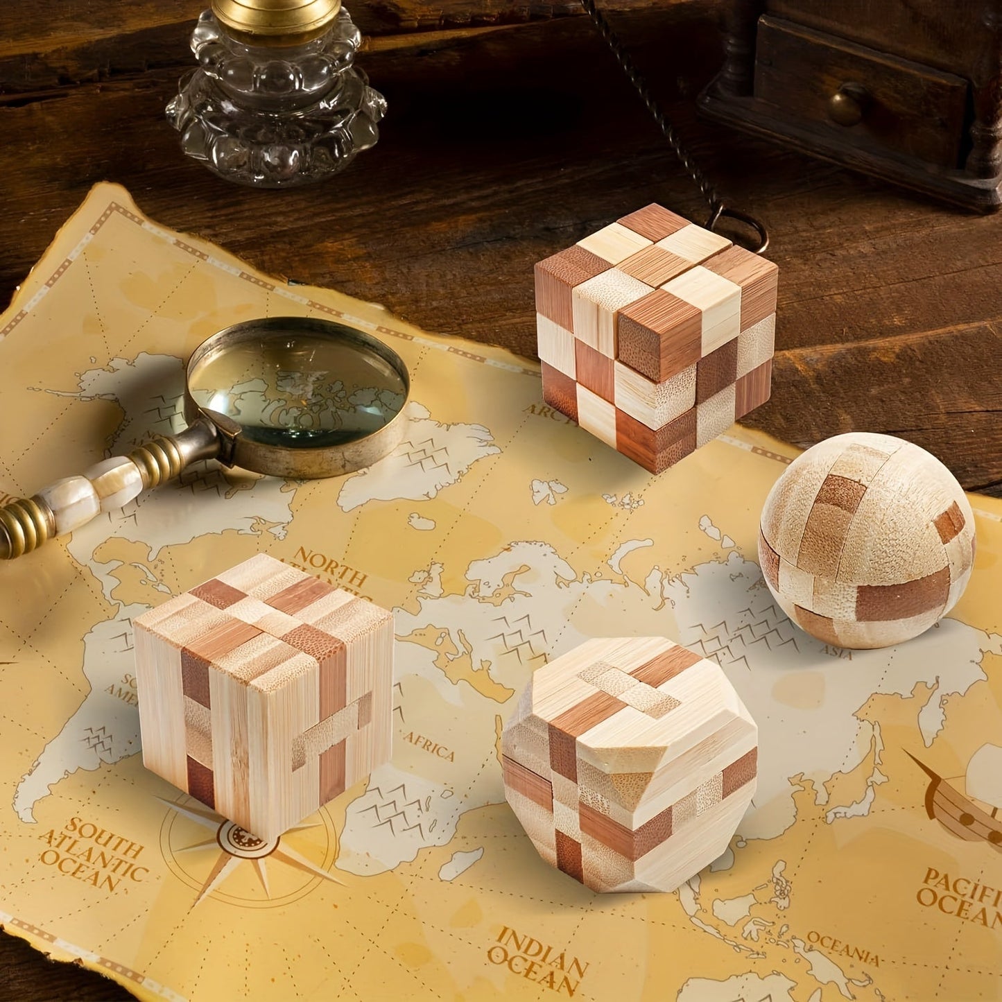 4pcs Wooden 3D Puzzle Brain Teasers | Logic Games for Teens & Adults