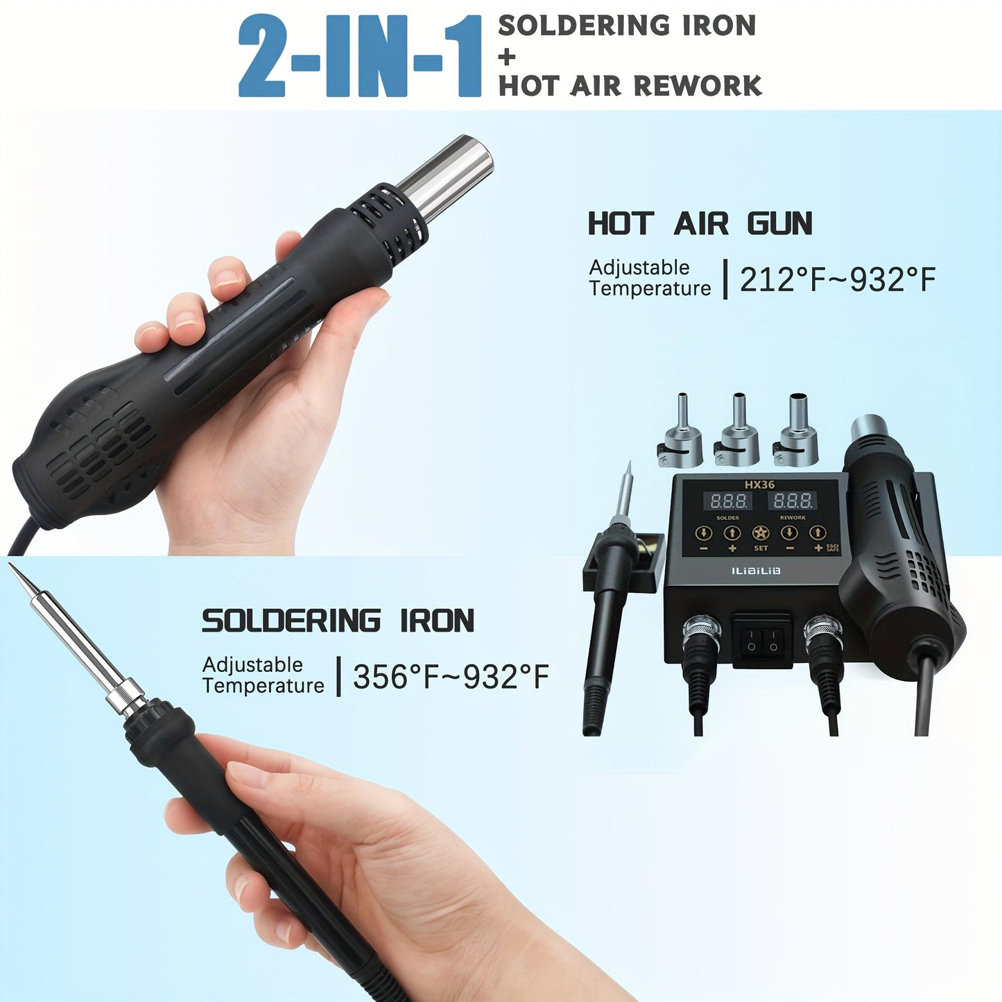 2-in-1 Soldering Station with 60W Iron & 600W Hot Air, LED Display