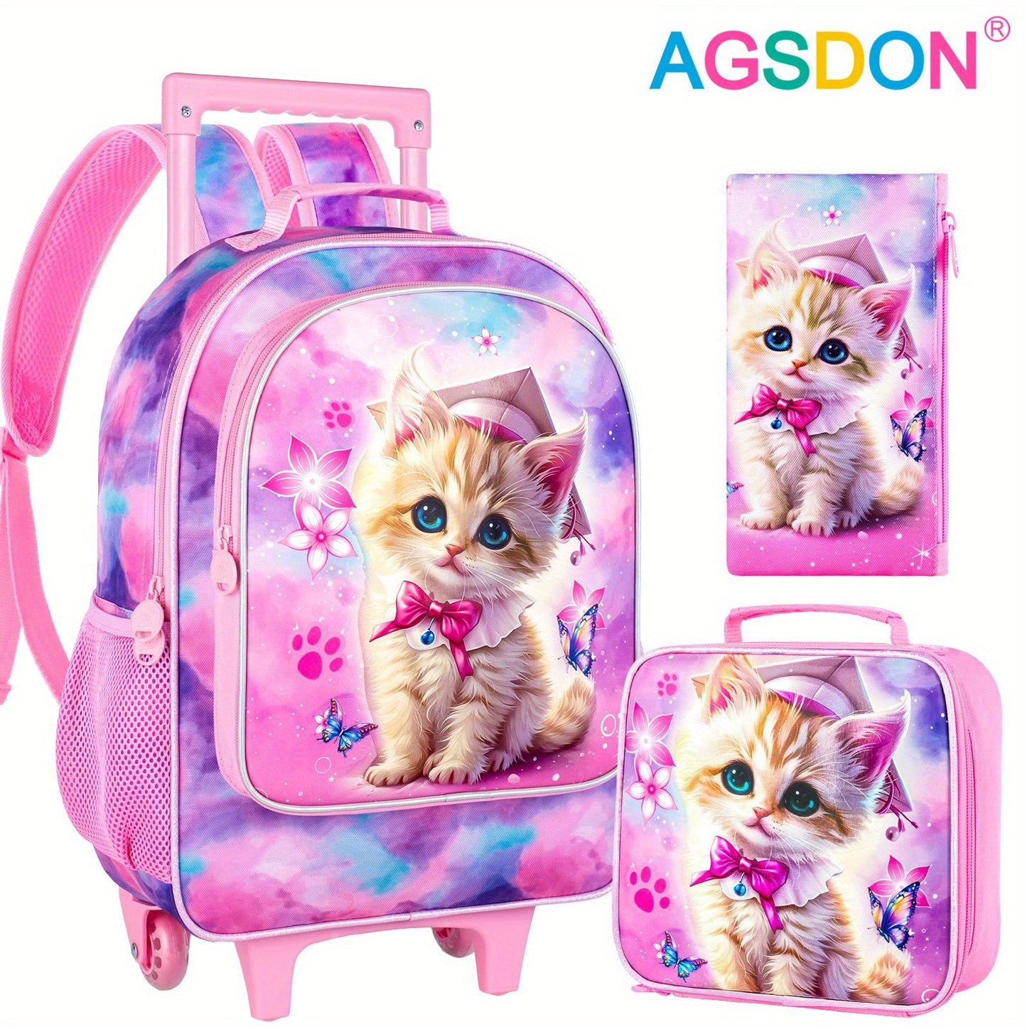 Cute Cat Rolling Backpack with Wheels for Girls - Perfect for School & Travel