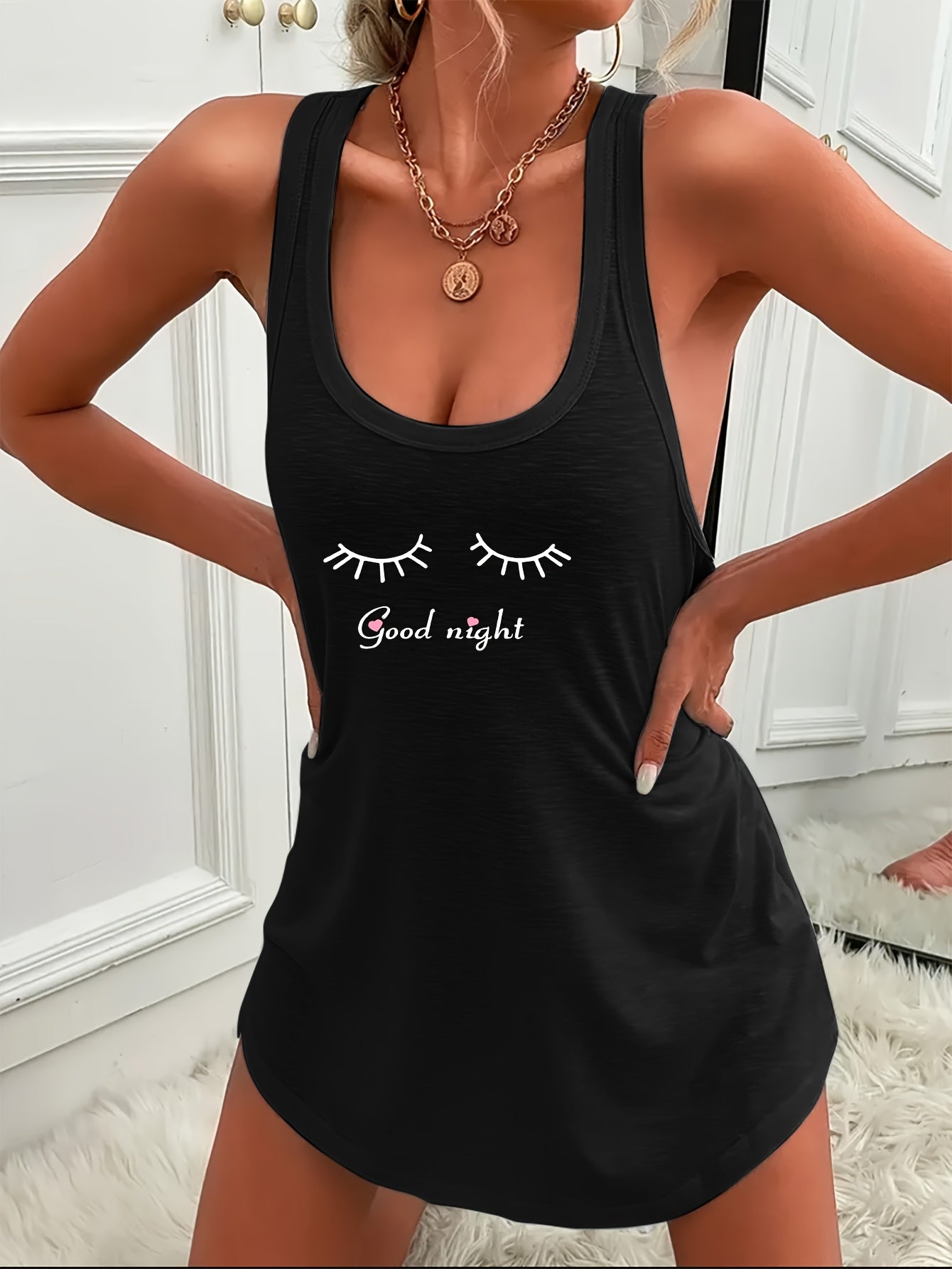Women's Sexy Sleeveless Nightdress with 'Good Night' Print - Scoop Neck Sleepwear for Spring, Summer, Fall
