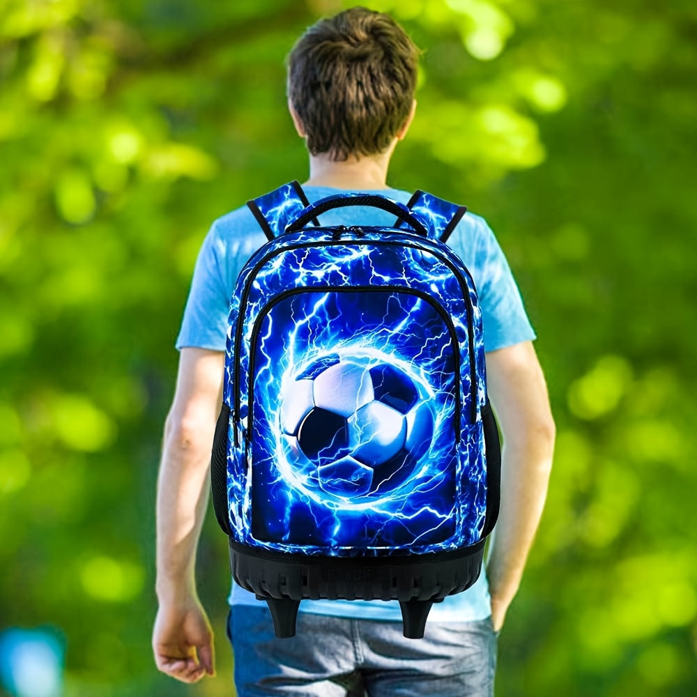 3pcs Rolling Backpack for Boys - 53.34 cm Football Roller School Bag with Lunch Bag