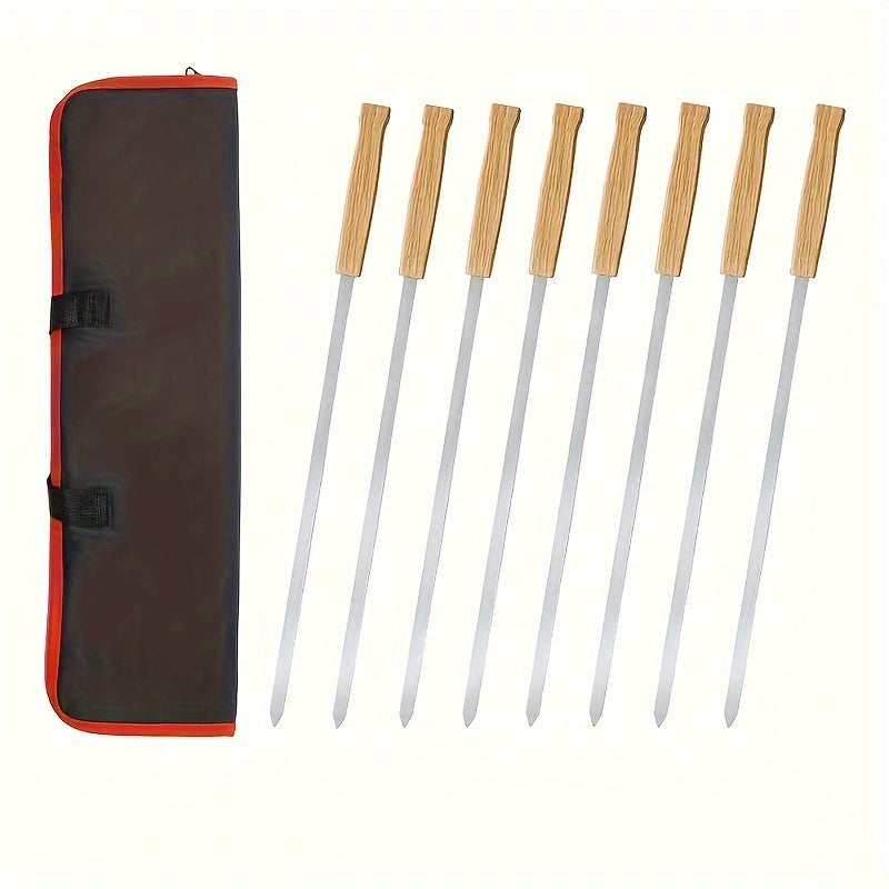 Premium 8-Pack Stainless Steel BBQ Skewers with Wooden Handles for Outdoor Grilling