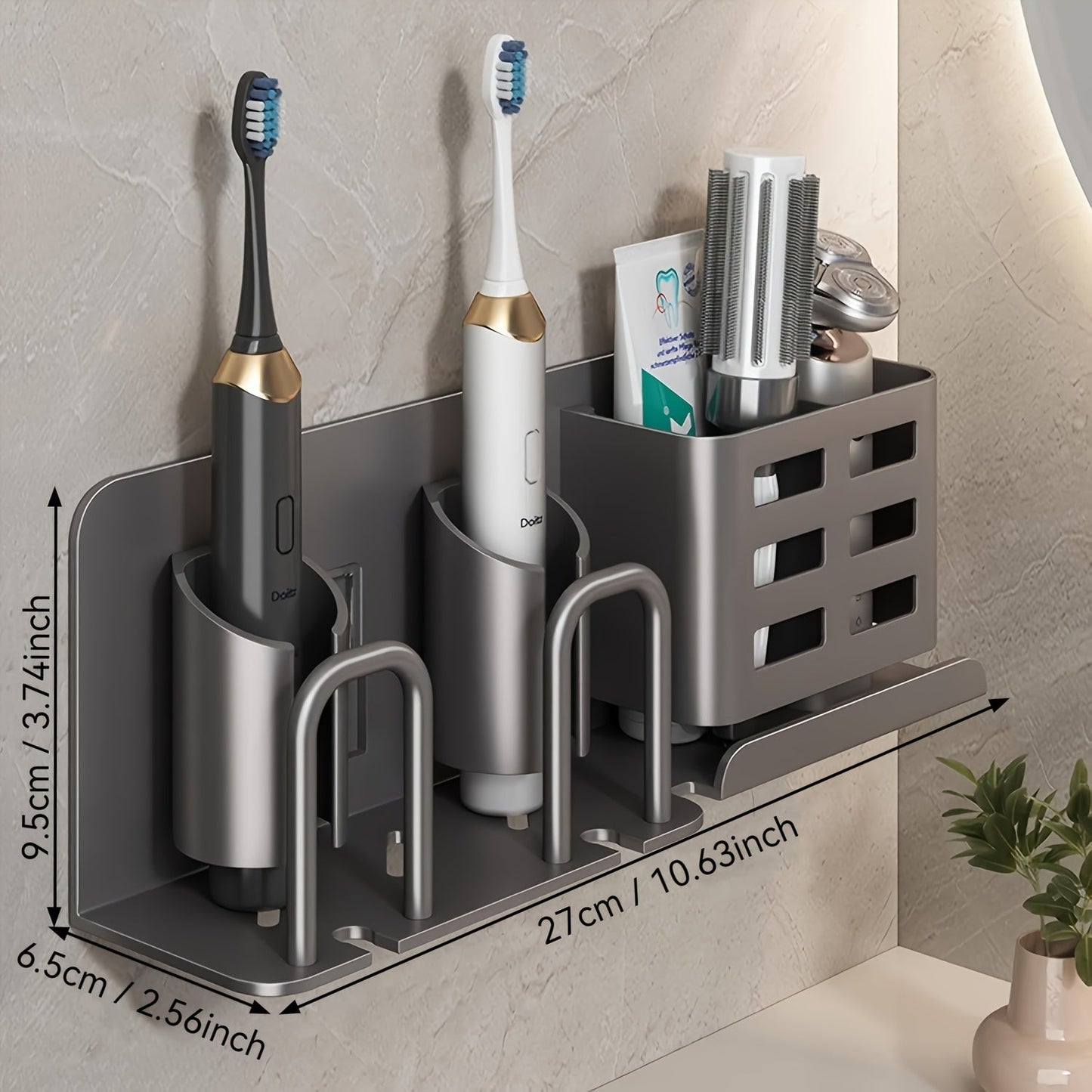 Wall Mountable Aluminum Electric Toothbrush & Razor Holder for Bathrooms - No Electricity Needed