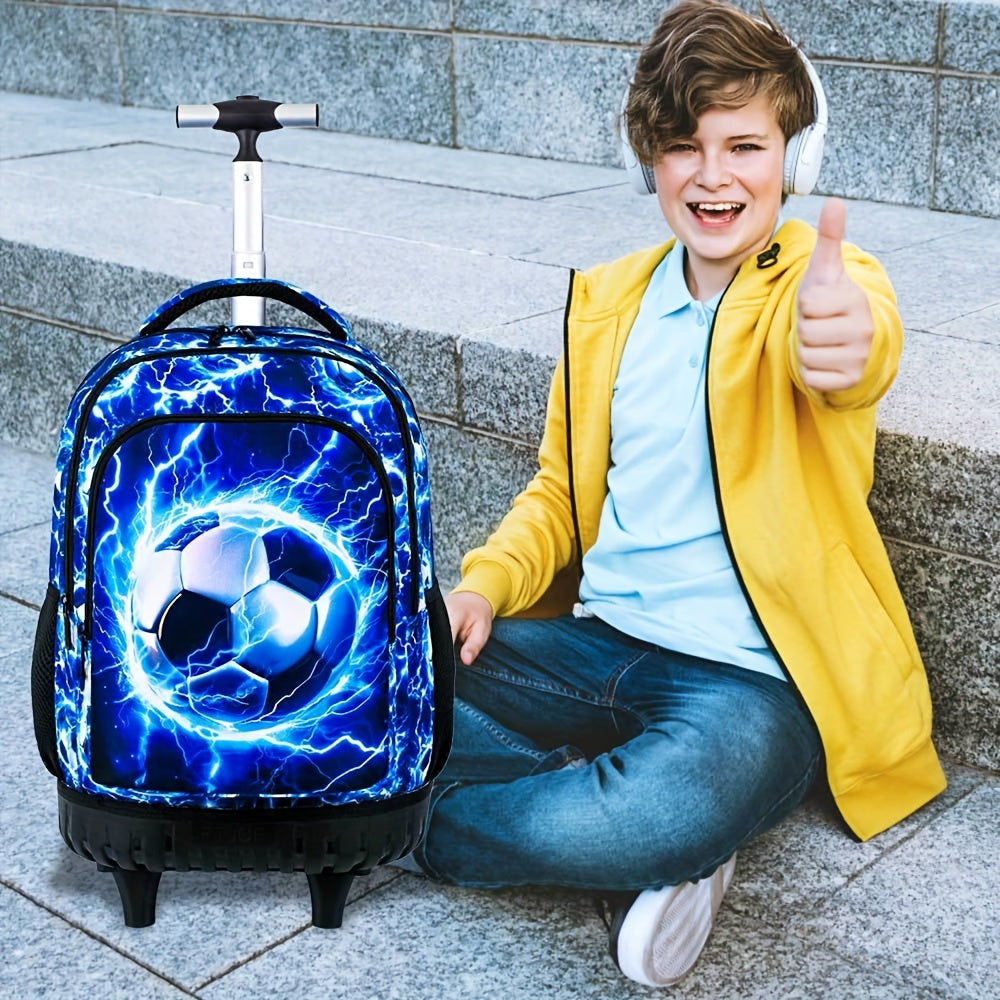 3pcs Rolling Backpack for Boys - 53.34 cm Football Roller School Bag with Lunch Bag