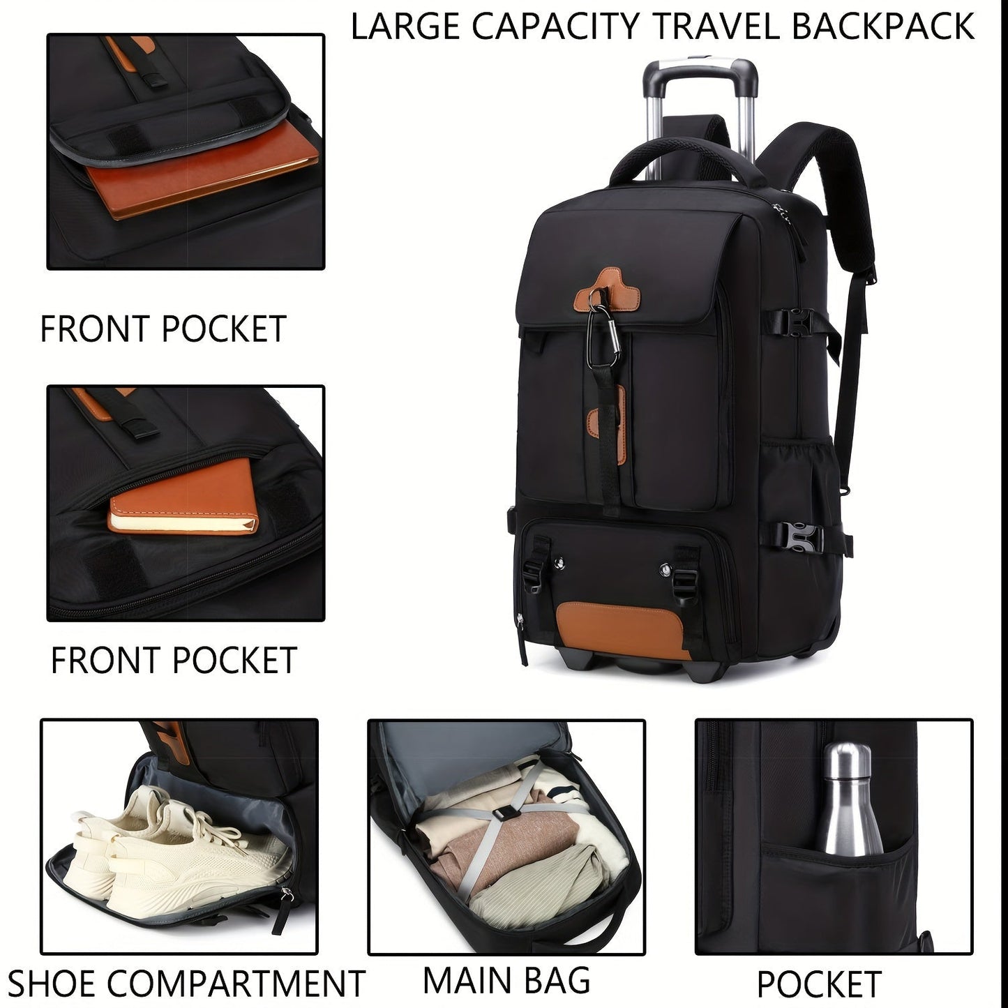 17-Inch Rolling Backpack with Wheels for Men | Beige & Black | Travel Laptop Bag with Shoe Compartment | Adjustable Straps | Multiple Pockets | School & Business