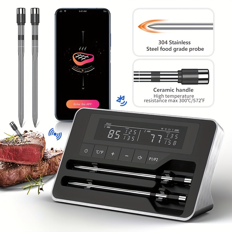 Wireless Meat Thermometer with Dual Probes and App Alerts | Long Range, Instant Read, USB Charging, Stainless Steel for BBQ, Grill, Oven, Smoker