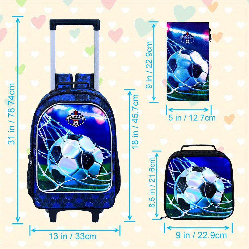 3pcs Rolling Backpack for Kids with Wheels - Soccer Design