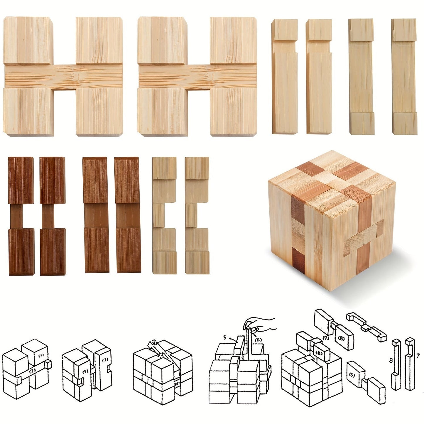 4pcs Wooden 3D Puzzle Brain Teasers | Logic Games for Teens & Adults