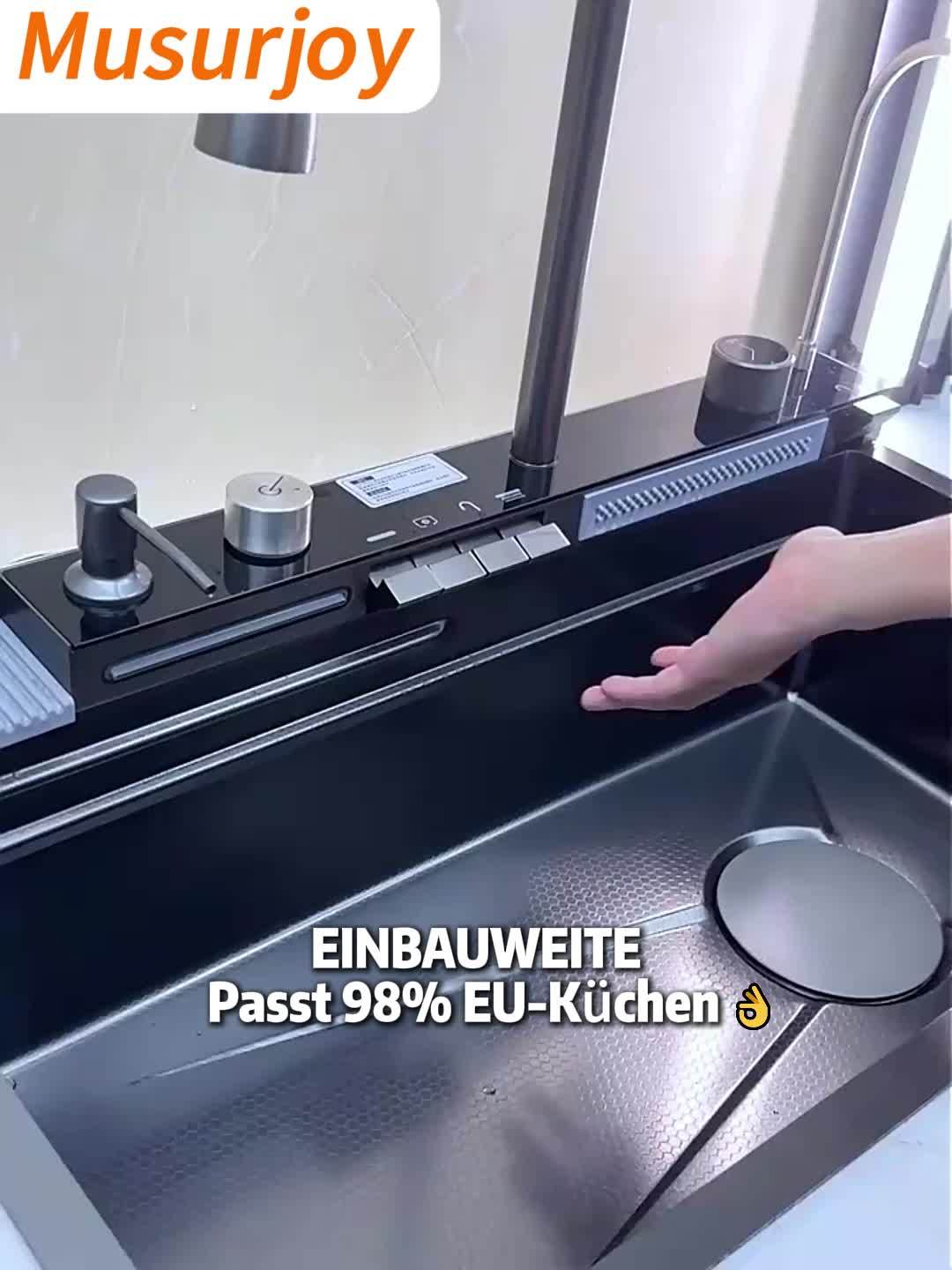 Musurjoy Black Stainless Steel Kitchen Sink with Waterfall Faucet & Accessories - 75x45 cm, Contemporary, Freestanding