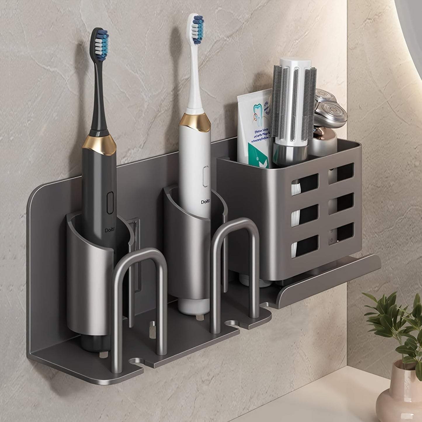 Wall Mountable Aluminum Electric Toothbrush & Razor Holder for Bathrooms - No Electricity Needed