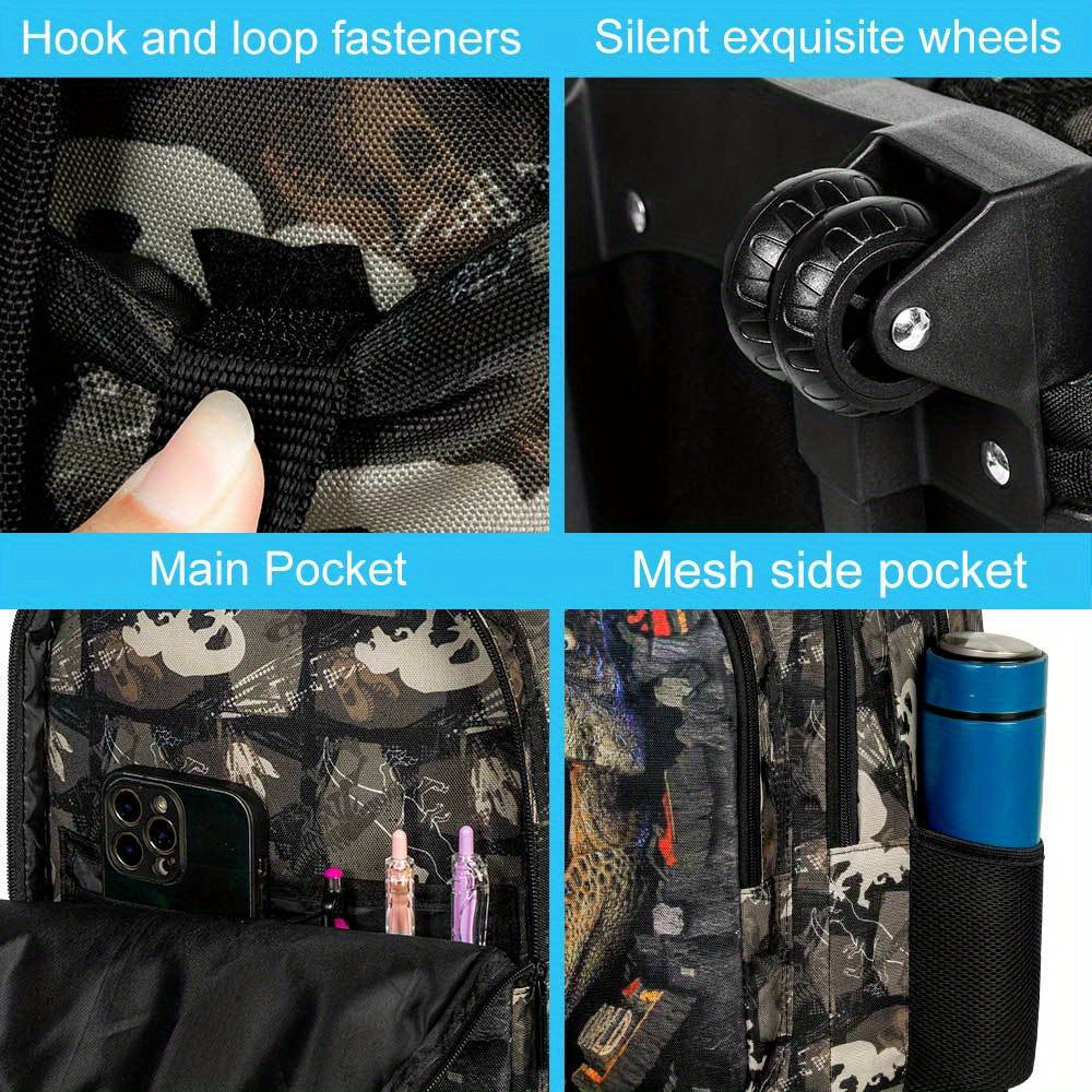 3pcs CCJPX Men's Dinosaur Backpack with Wheels - Large Capacity, Lightweight Travel Roller Bookbag for Commuting & Travel