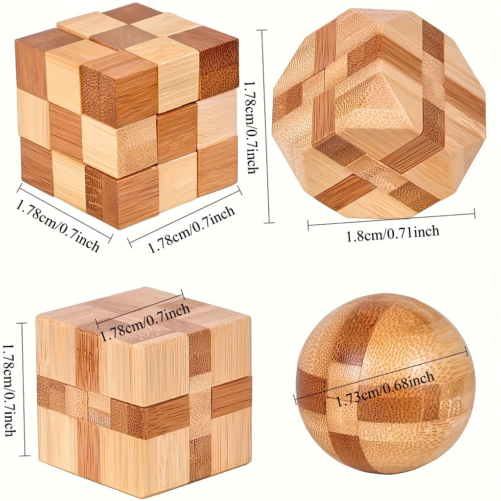 4pcs Wooden 3D Puzzle Brain Teasers | Logic Games for Teens & Adults