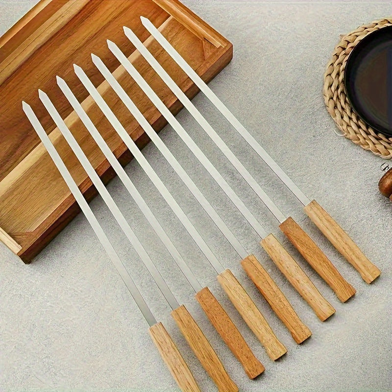 Premium 8-Pack Stainless Steel BBQ Skewers with Wooden Handles for Outdoor Grilling