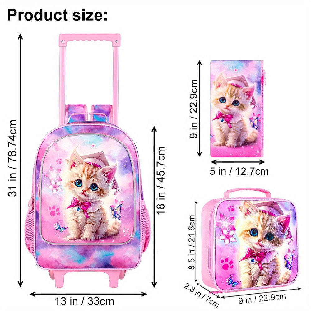 Cute Cat Rolling Backpack with Wheels for Girls - Perfect for School & Travel