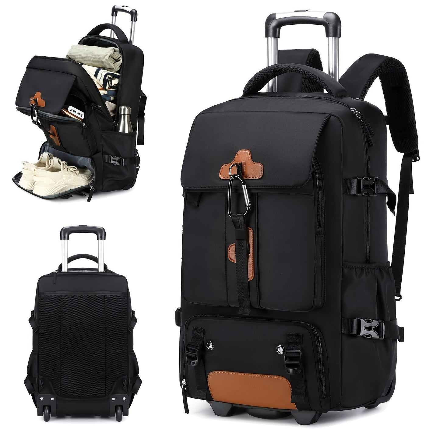 17-Inch Rolling Backpack with Wheels for Men | Beige & Black | Travel Laptop Bag with Shoe Compartment | Adjustable Straps | Multiple Pockets | School & Business