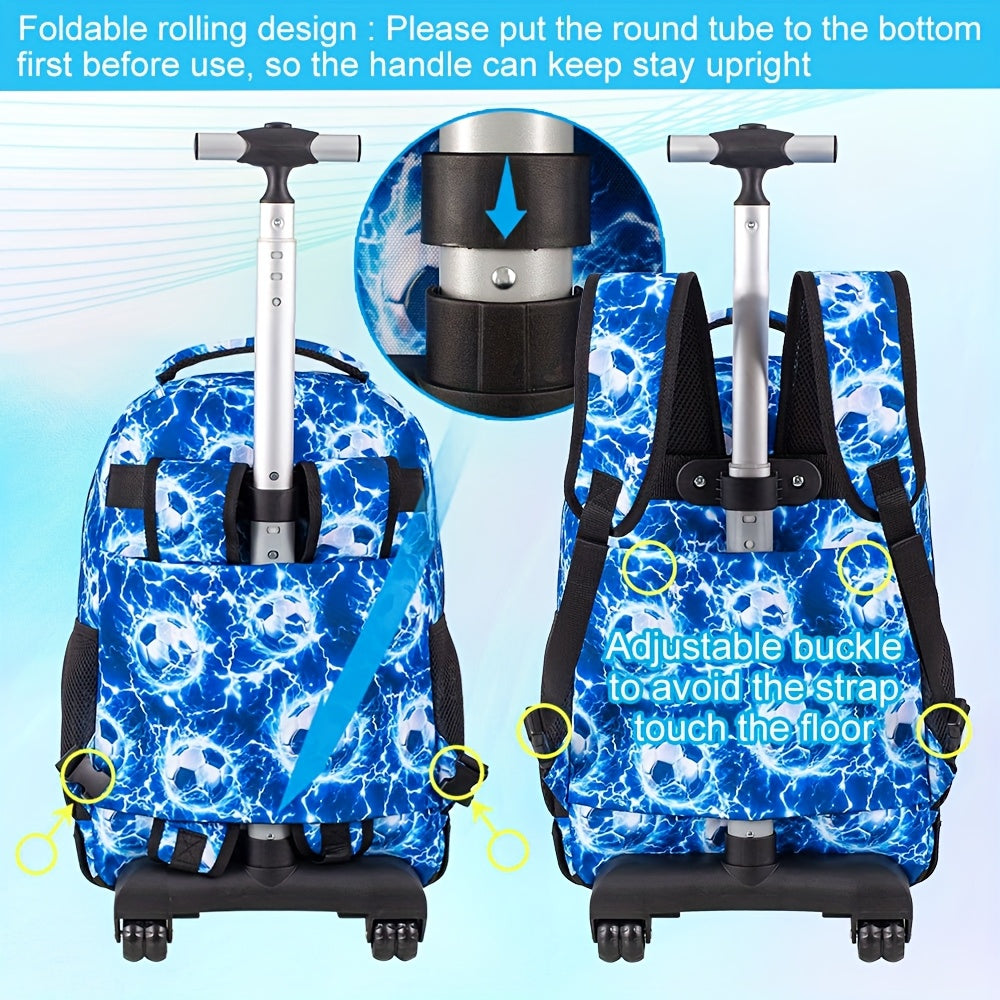 3pcs Rolling Backpack for Boys - 53.34 cm Football Roller School Bag with Lunch Bag
