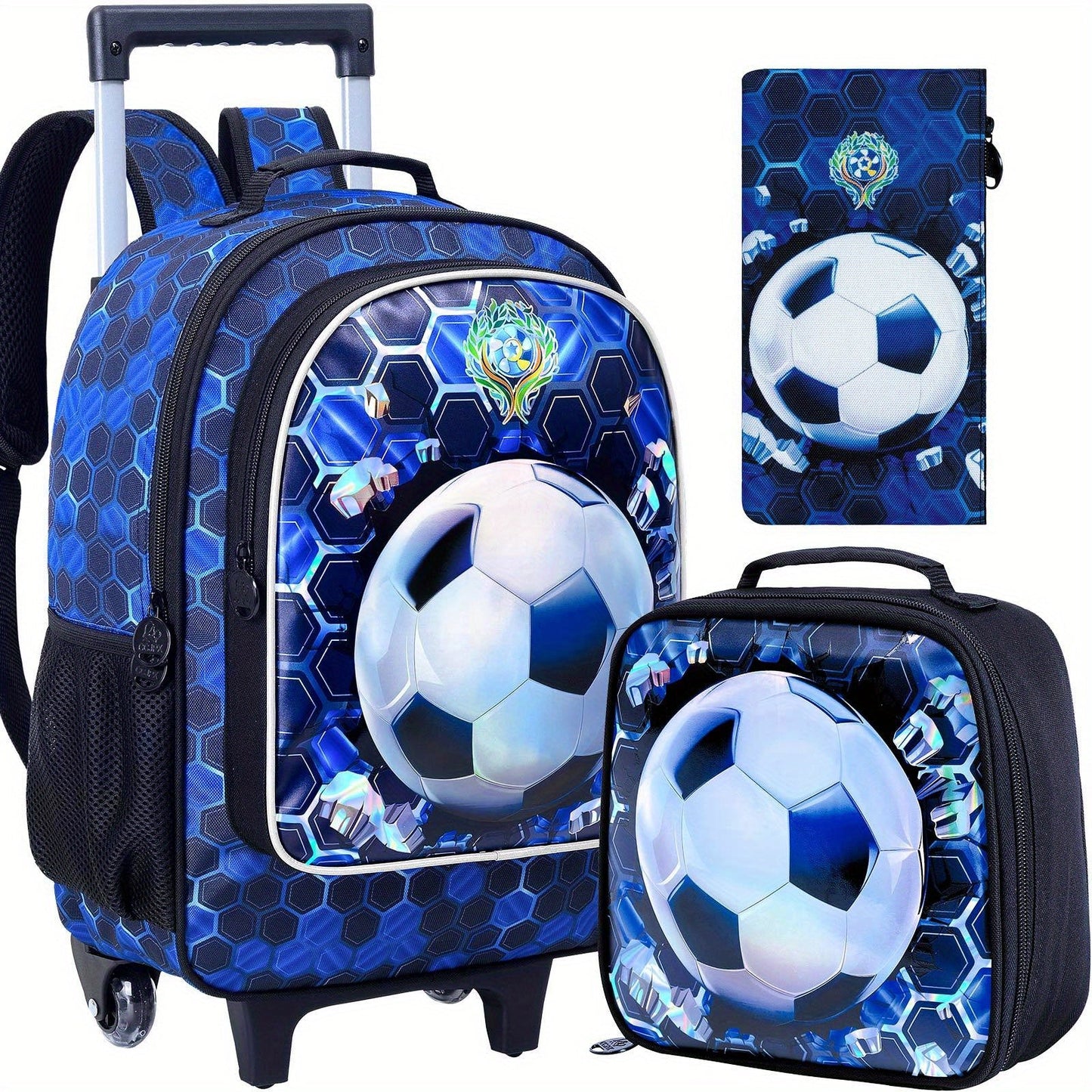 3pcs Rolling Backpack for Kids with Wheels - Soccer Design