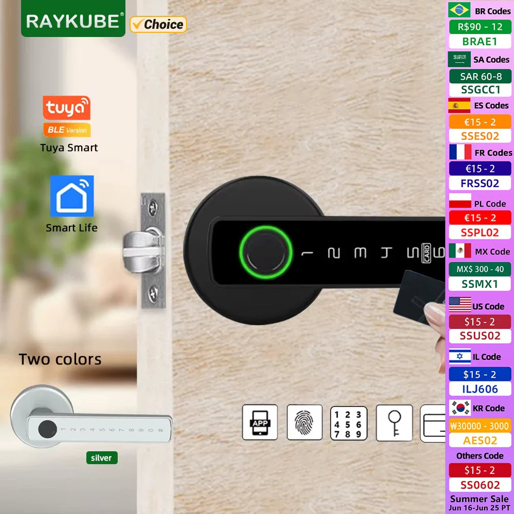 RAYKUBE M5 Tuya BLE Smart Fingerprint Door Lock Digital Electronic Lock with Password/Key/IC Card/ Smartlife/ Tuya APP Unlock