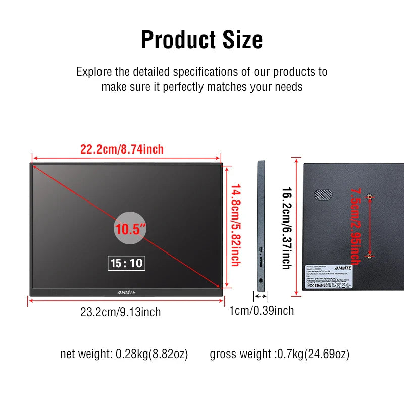 Anmite 10.5-Inch Portable Monitor 1280P HDR - Perfect for Gaming & Expansion