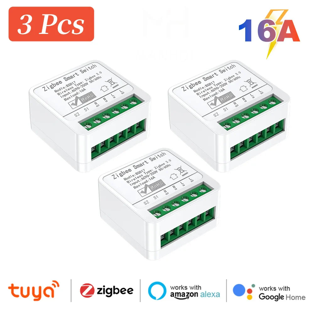 Zigbee2MQTT Zigbee3.0 Mini Smart Light Switch - 2 Way 16A Module, Google Home Compatible