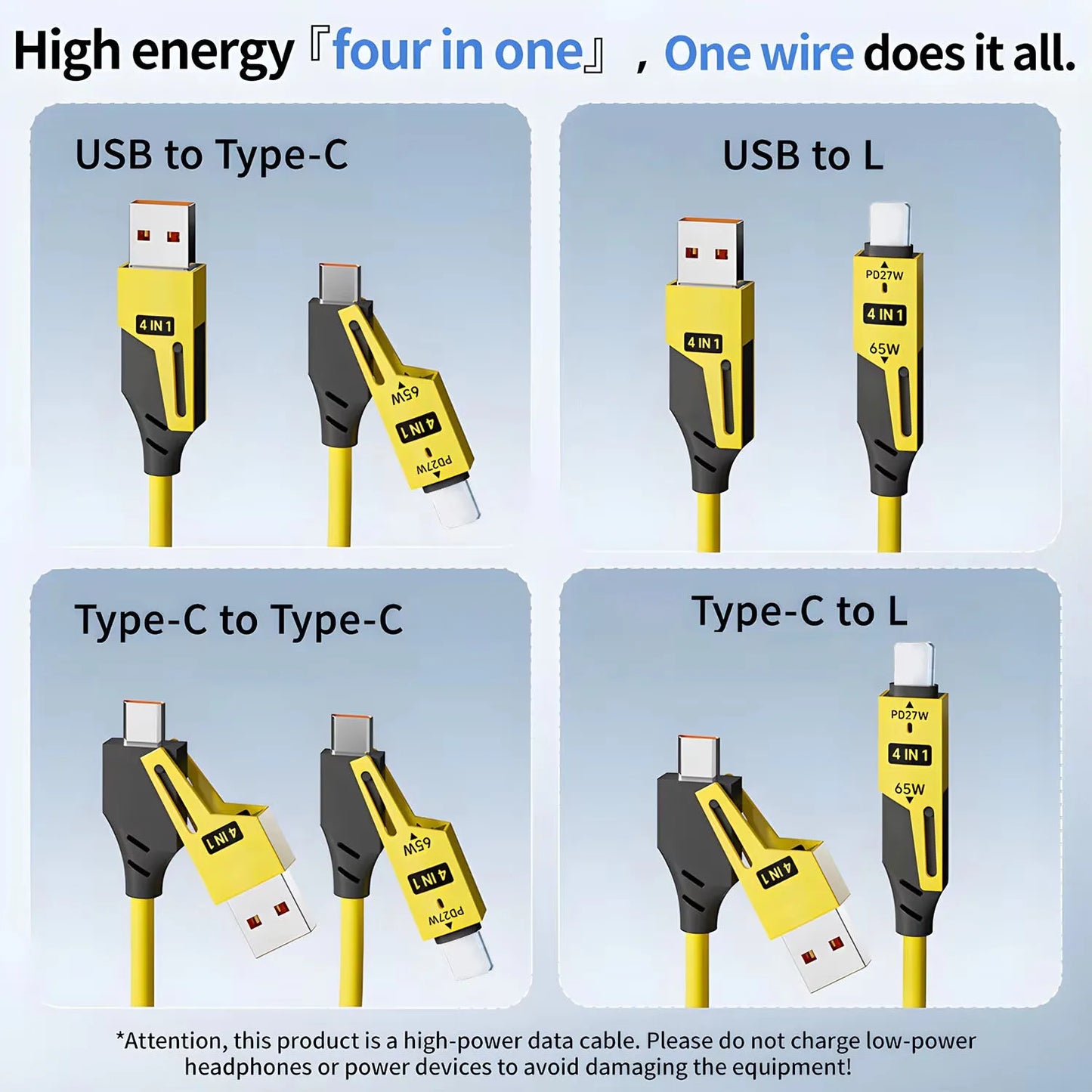 65W 4 in 1 Spring Telescopic USB-C Quick Charger Cable for iPhone, iPad, MacBook
