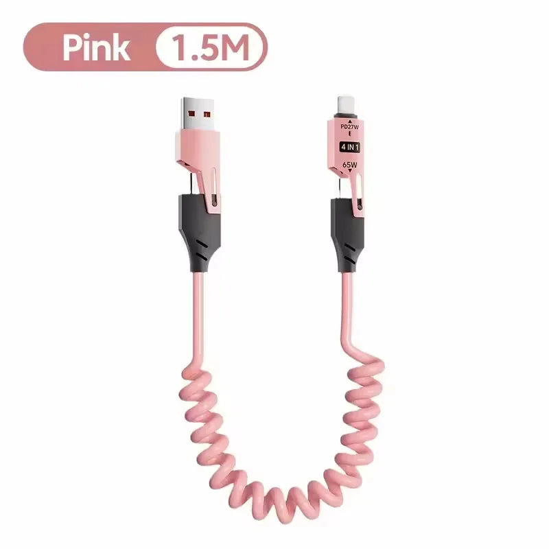 65W 4 in 1 Spring Telescopic USB-C Quick Charger Cable for iPhone, iPad, MacBook