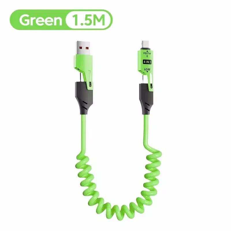 65W 4 in 1 Spring Telescopic USB-C Quick Charger Cable for iPhone, iPad, MacBook