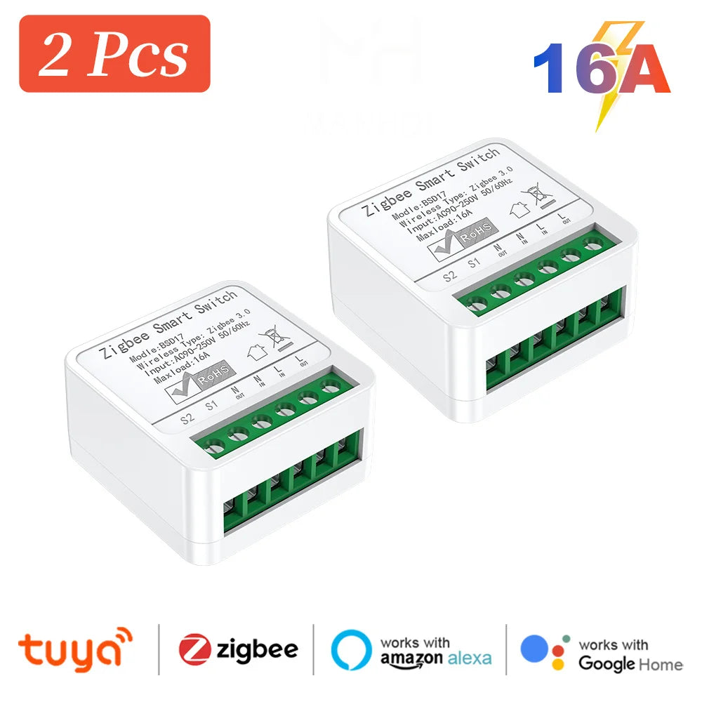 Zigbee2MQTT Zigbee3.0 Mini Smart Light Switch - 2 Way 16A Module, Google Home Compatible