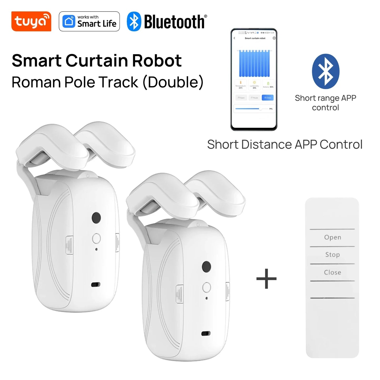 Tuya Smart Curtain Robot ( Roman Rod Track) Bluetooth APP Short Range Control, Timed switch, Pull-to-start, 8KG load capacity
