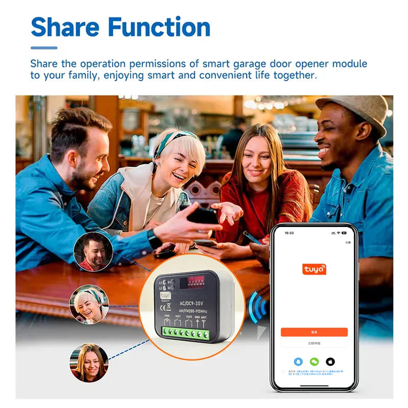 Universal Tuya WiFi Smart Garage Door Opener, 9-30V/85-250V, 433-868 MHz