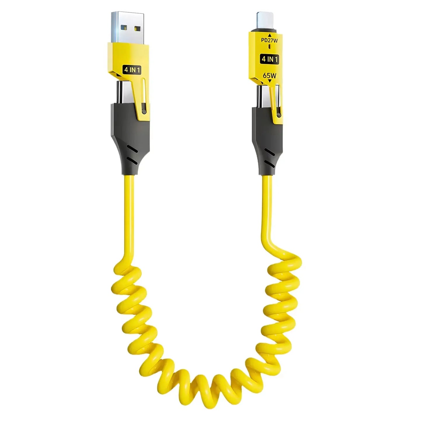 65W 4 in 1 Spring Telescopic USB-C Quick Charger Cable for iPhone, iPad, MacBook