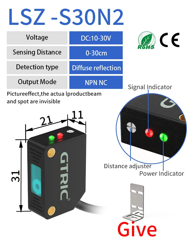 GTRIC Square Laser Photoelectric Sensors Diffuse Reflection Visible Small Spot NPN PNP 10-30VDC Infrared Beam Photocell Switch