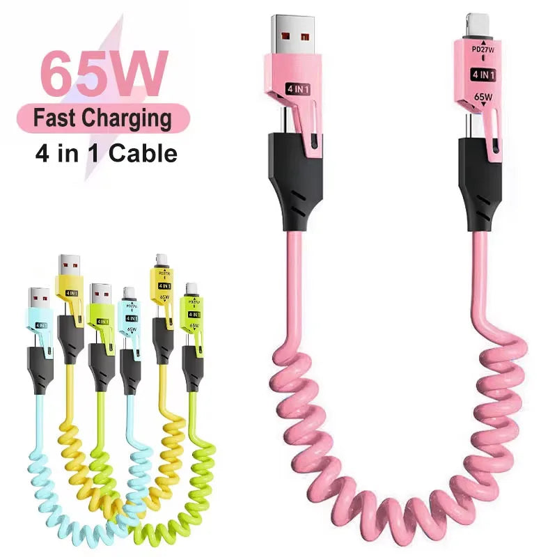 65W 4 in 1 Spring Telescopic USB-C Quick Charger Cable for iPhone, iPad, MacBook