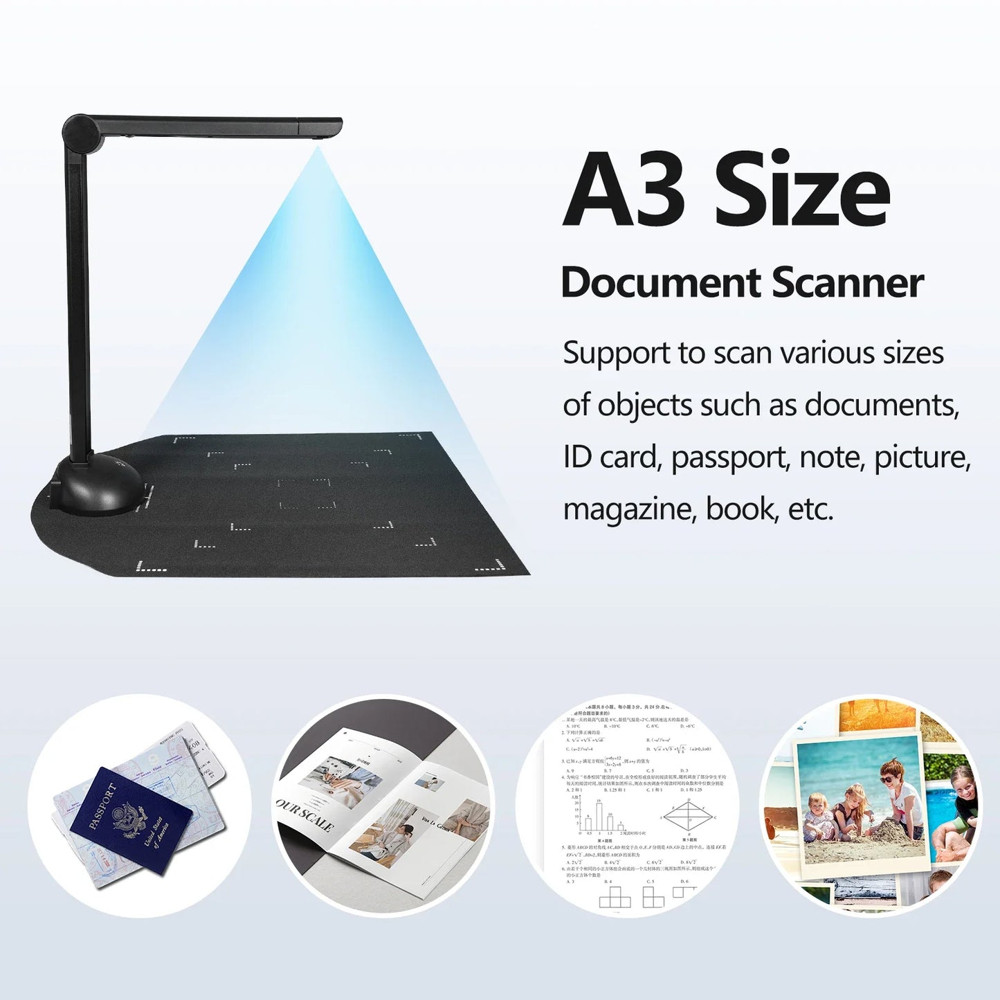 HD Document Camera Book Scanner A3 A4 with LED Light & Multi-Language OCR