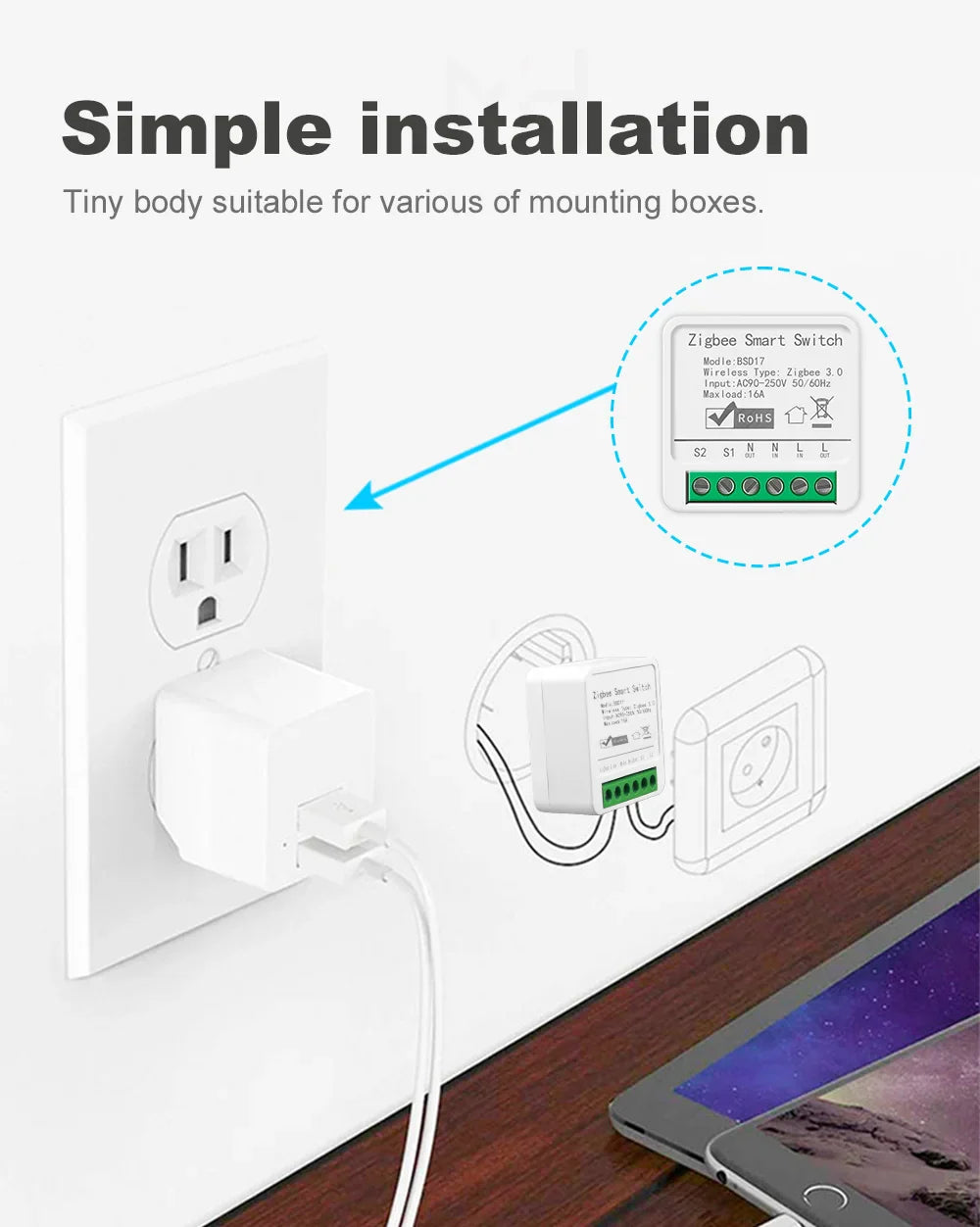 Zigbee2MQTT Zigbee3.0 Mini Smart Light Switch - 2 Way 16A Module, Google Home Compatible