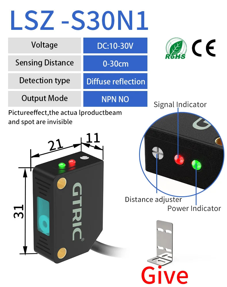GTRIC Square Laser Photoelectric Sensors Diffuse Reflection Visible Small Spot NPN PNP 10-30VDC Infrared Beam Photocell Switch