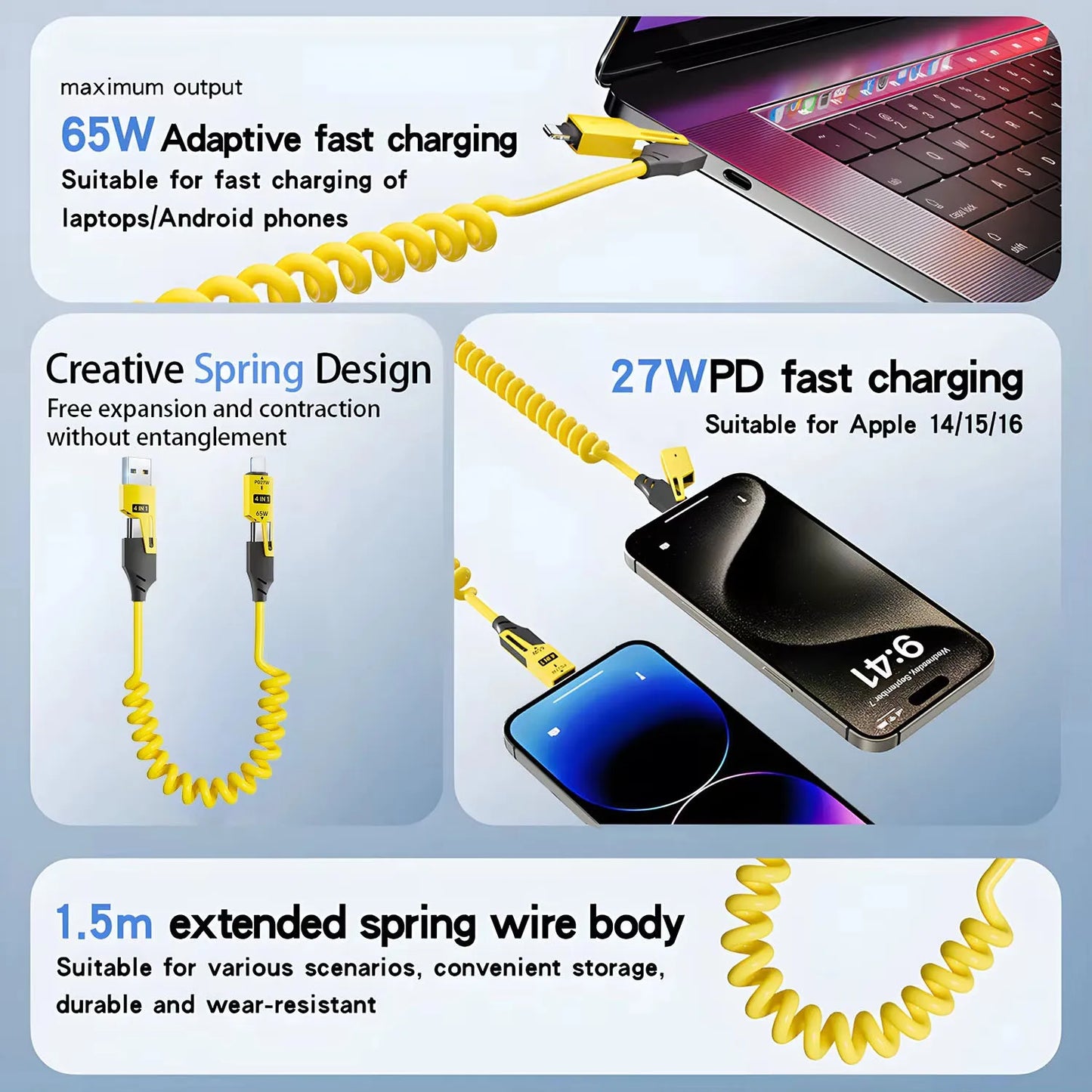 65W 4 in 1 Spring Telescopic USB-C Quick Charger Cable for iPhone, iPad, MacBook