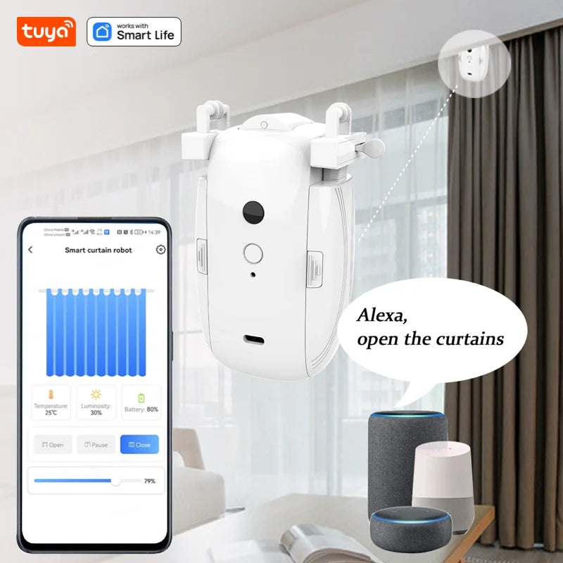 Tuya Smart Curtain Robot WiFi APP Remote Control/Voice Control(Alexa Google Siri)ForTU-Rail shaped Track,Pull-to-start,8KG load